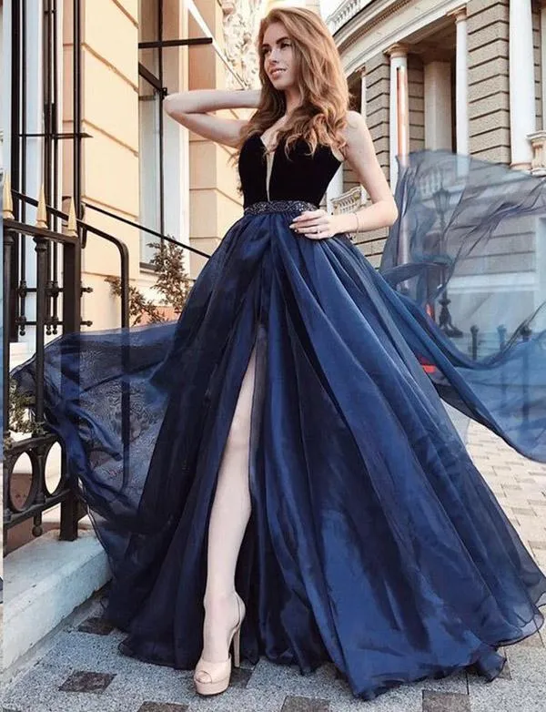 Deep V Neck Navy Blue Tulle Long Prom Dress Gown With Beading, TYP1500