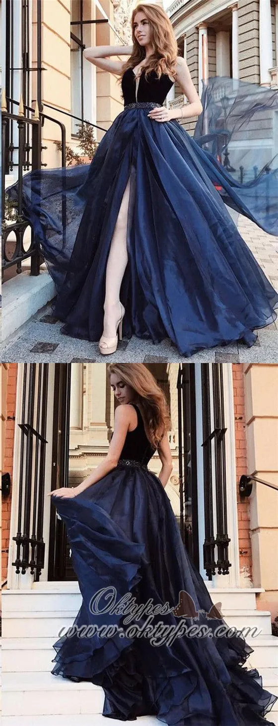 Deep V Neck Navy Blue Tulle Long Prom Dress Gown With Beading, TYP1500