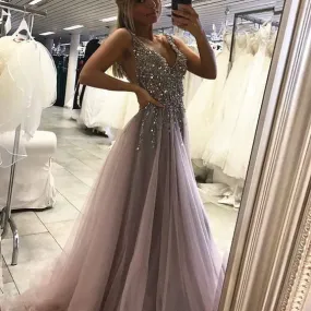 deep v neck prom dresses long beaded sparkly dusty pink sleeveless elegant prom gowns robe de soiree