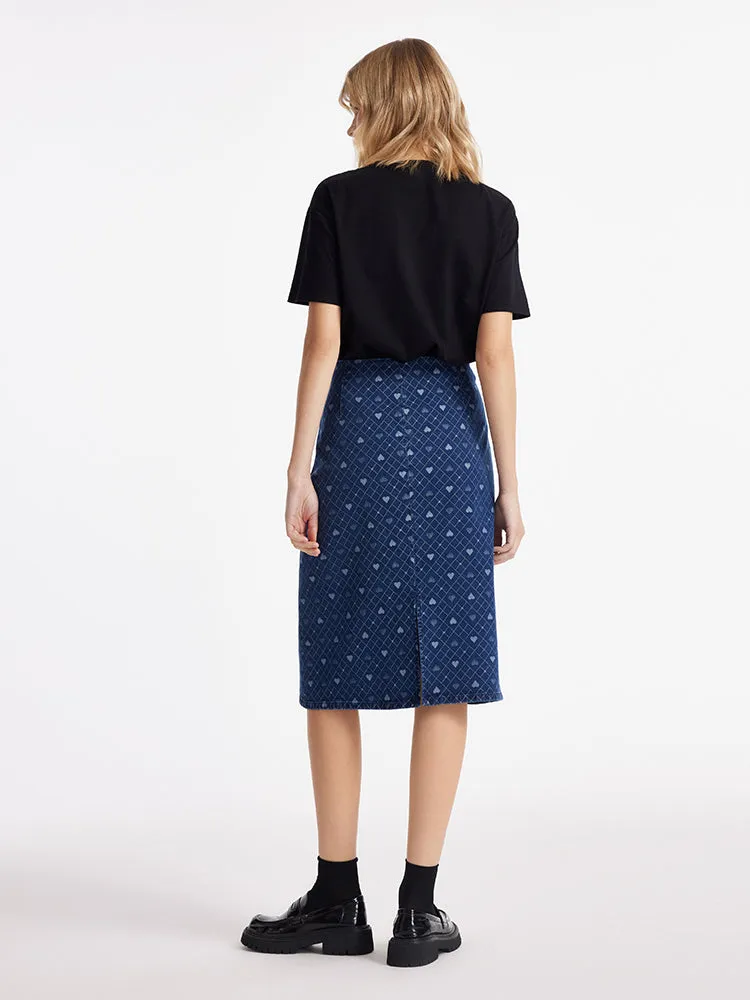 Denim Slit Heart Jacquard Women Skirt