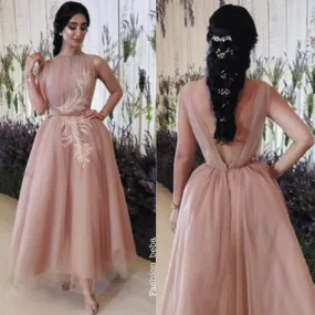 dusty pink prom dresses long lace appliqué beaded elegant ankle length cheap arabic prom gown