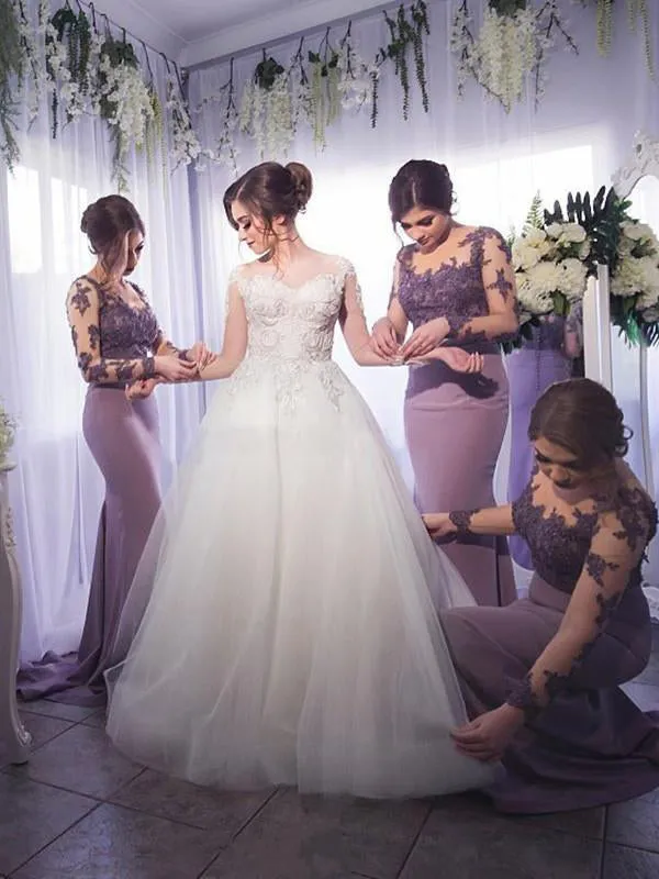 Elegant Lilac Lace  Long Sleeve Illusion Back Scoop Neck  Mermaid Bridesmaid Dresses. AB1193