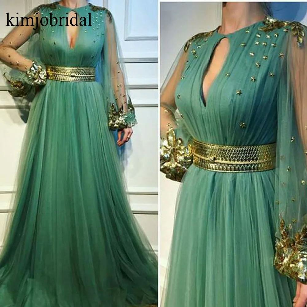 flare sleeve green prom dresses 2020 elegant beaded cheap a line prom gown robe de soiree