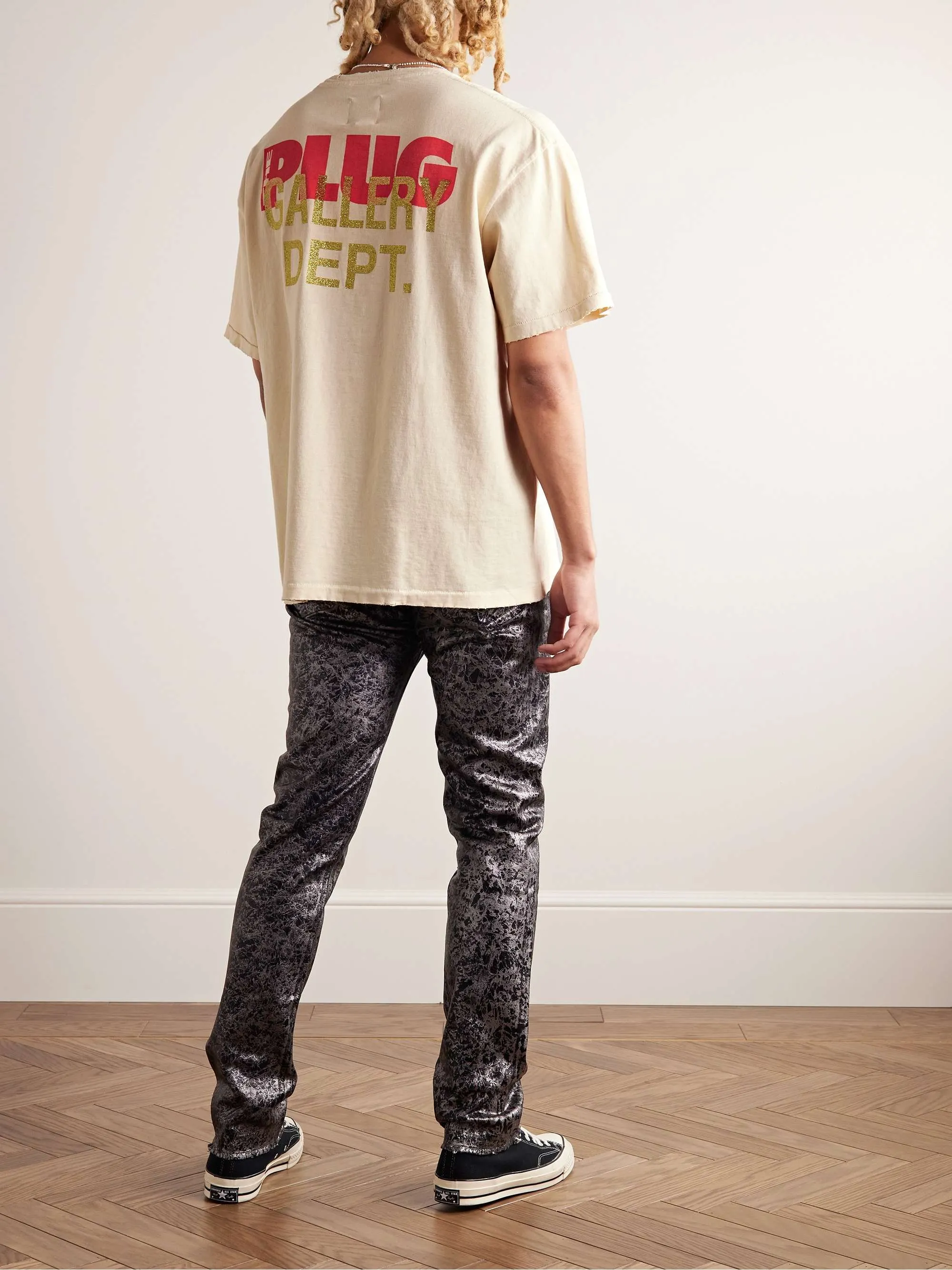 GALLERY DEPT. Distressed Logo-Print Glittered Cotton-Jersey T-Shirt