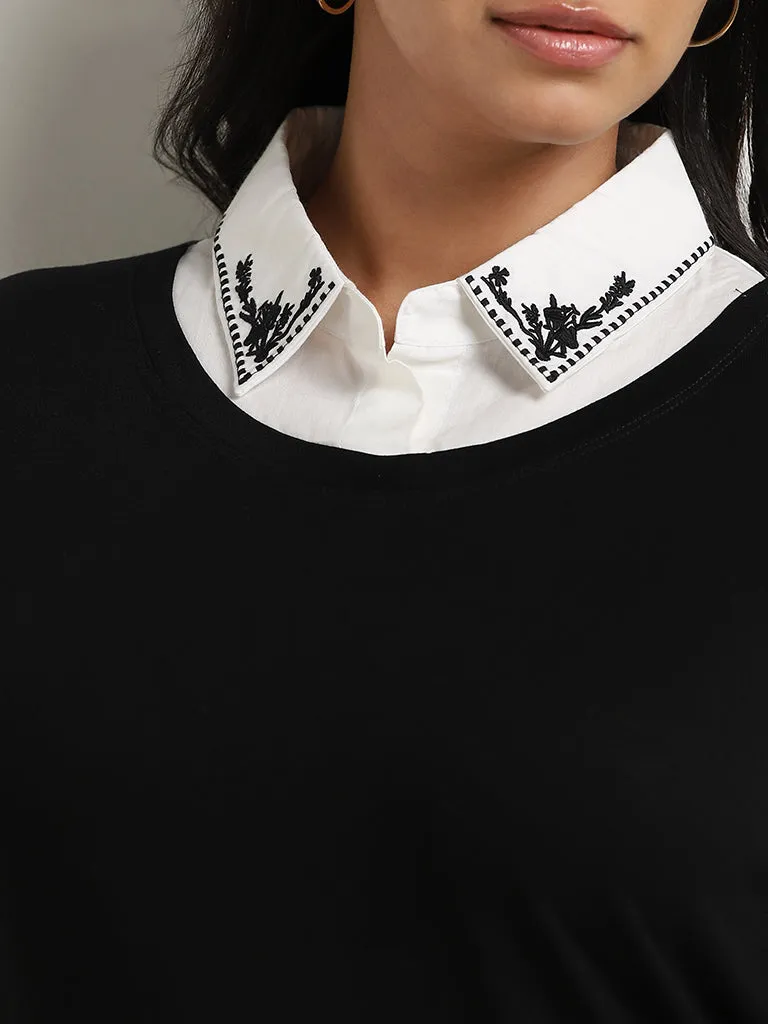 Gia Black Embroidered Collared T-Shirt