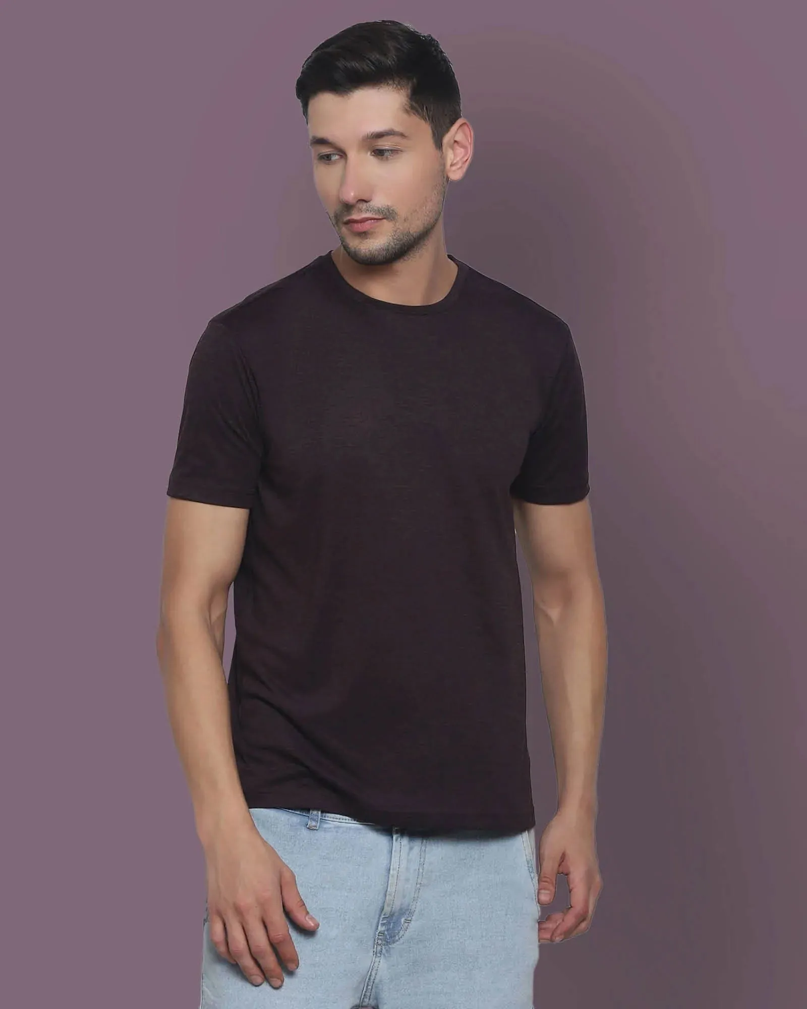 Half Sleeves Crew Neck: Deep Wine Melange