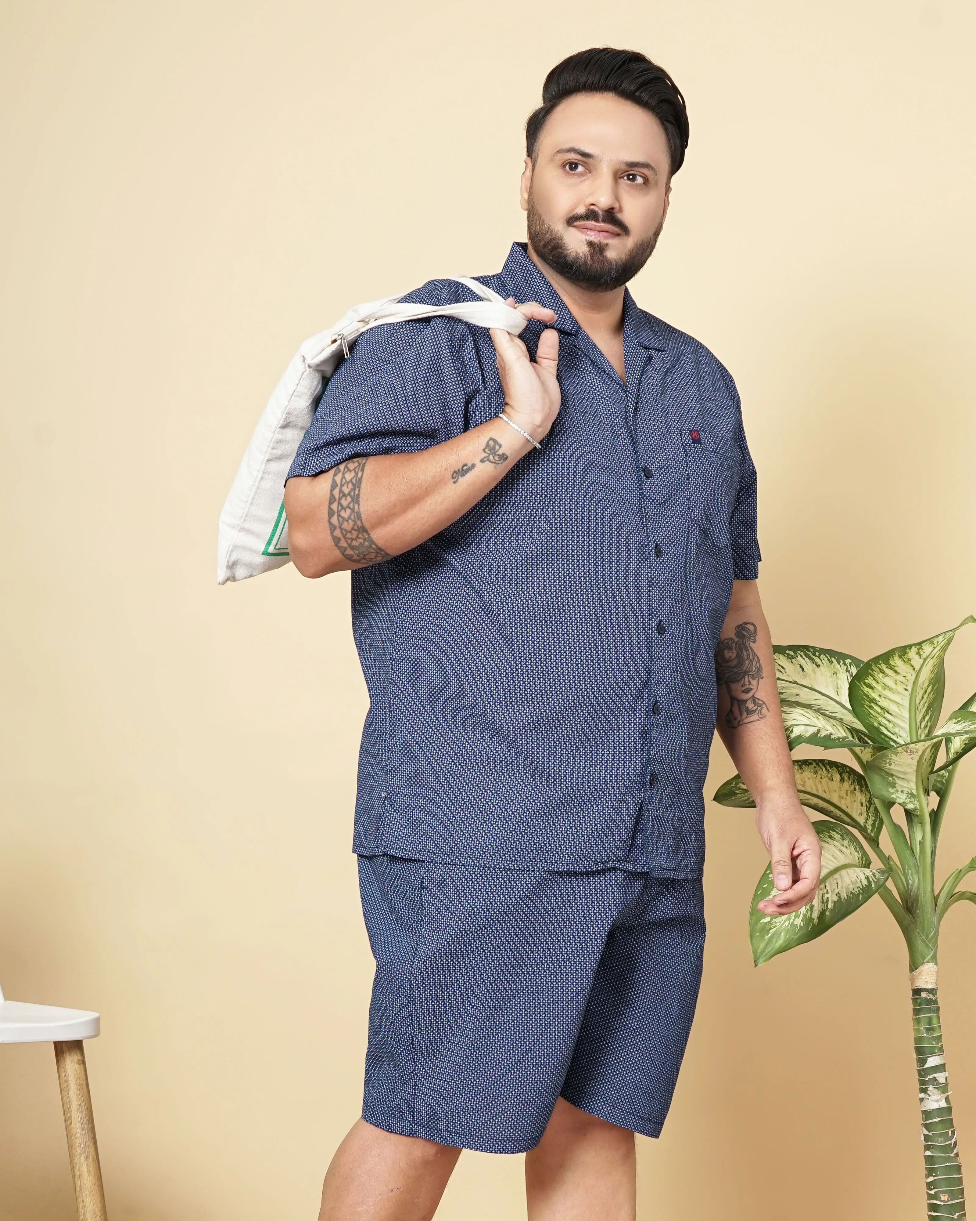 Hardsoda Men Navy Blue Plus Size Geometric Printed Lounge Set