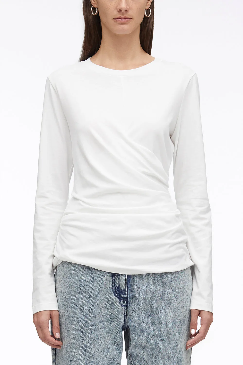 Long Sleeve Draped Cotton Jersey T-Shirt