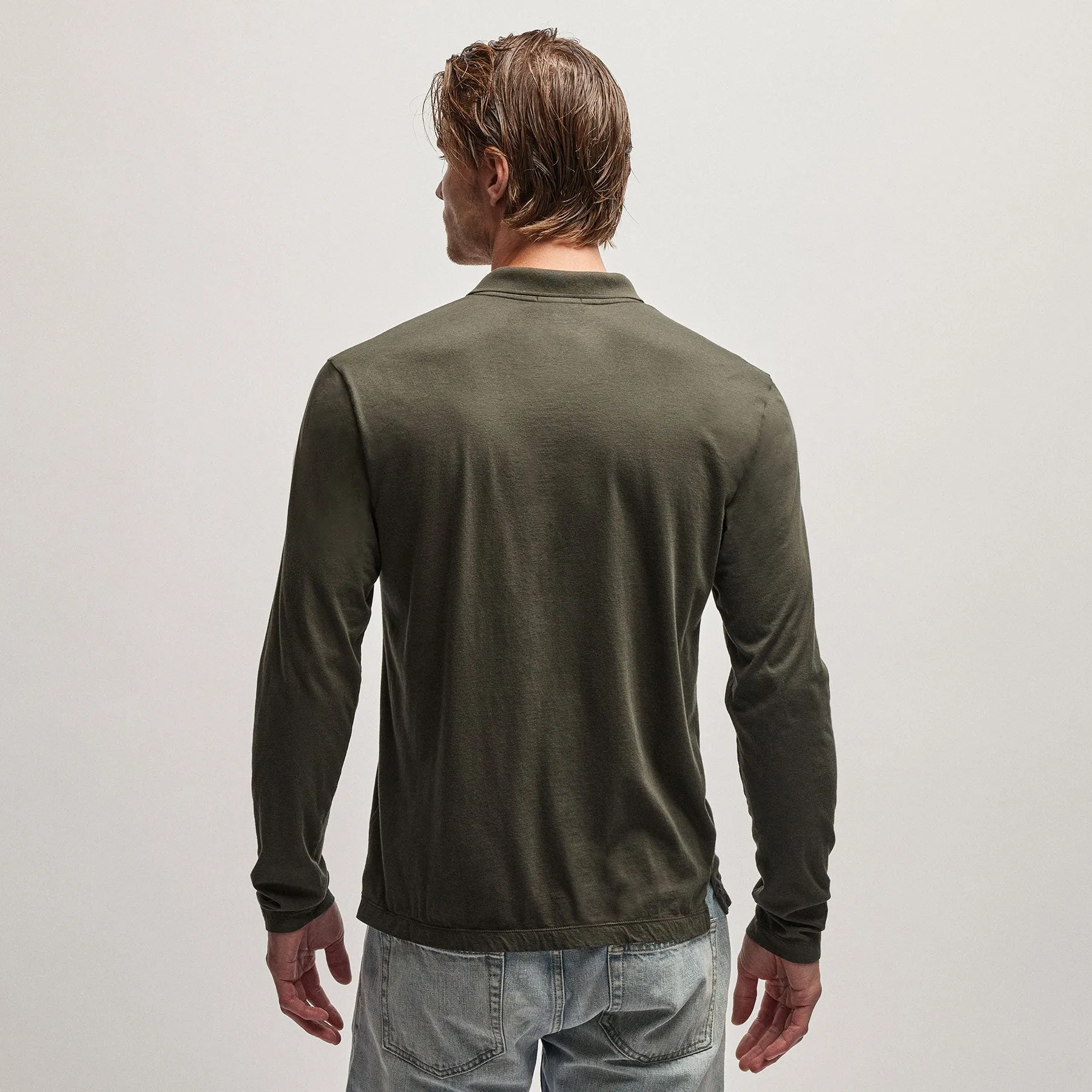 Luxe Lotus Jersey Long Sleeve Polo - Dark Olive