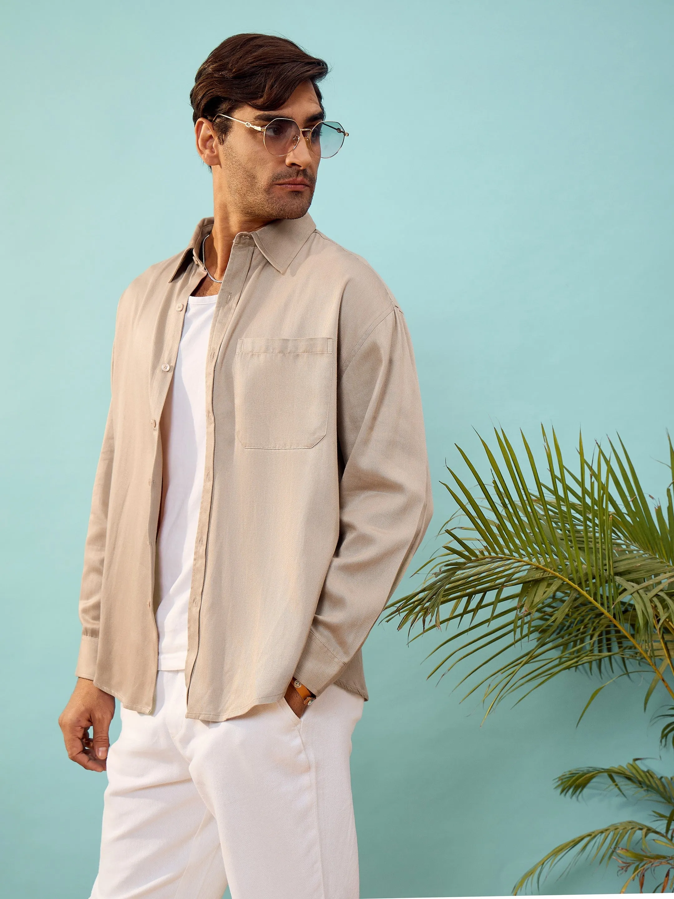 Men Beige Twill Oversize Shirt