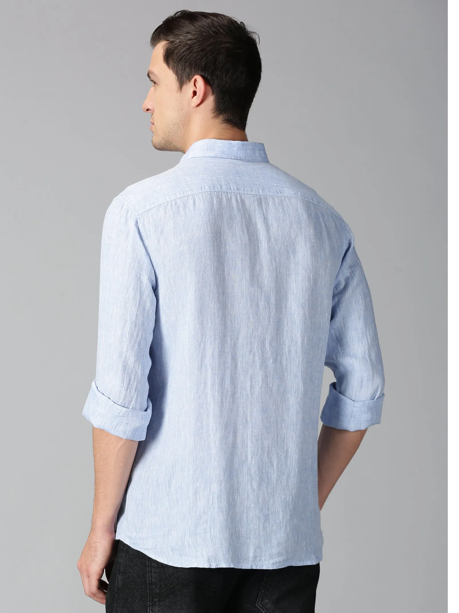 MEN LINEN BLUE SOLID SLIM FIT SHIRT