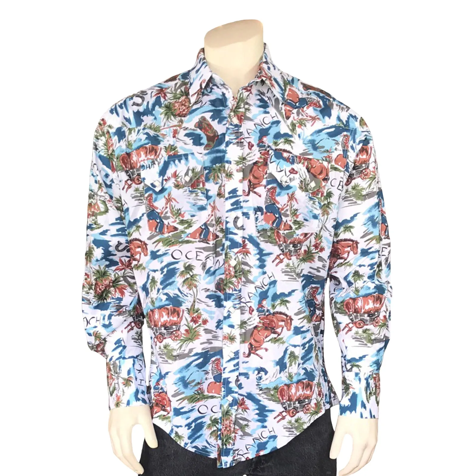 Men’s Blue Western Hawaiian Print Long Sleeve Shirt