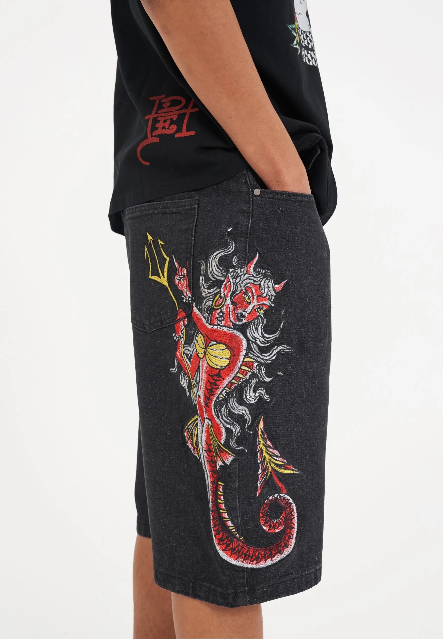 Mens Devil Mermaid Denim Jorts Shorts - Black