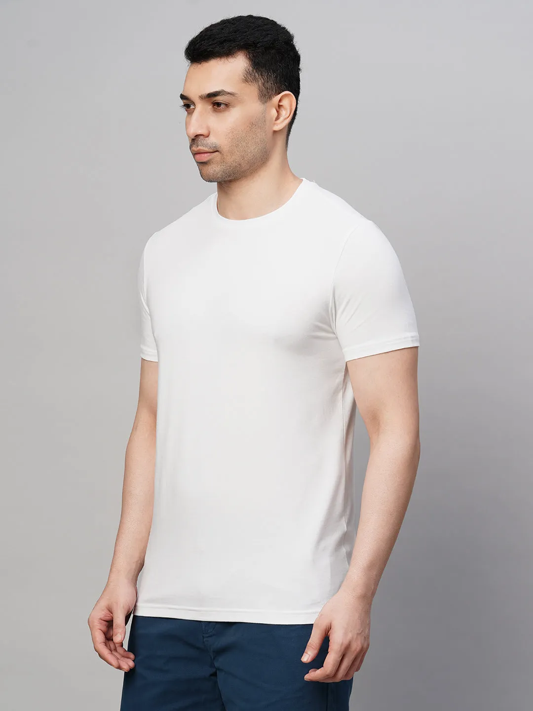 Men's White Cotton Bamboo Elastane Regular Fit Tshirt