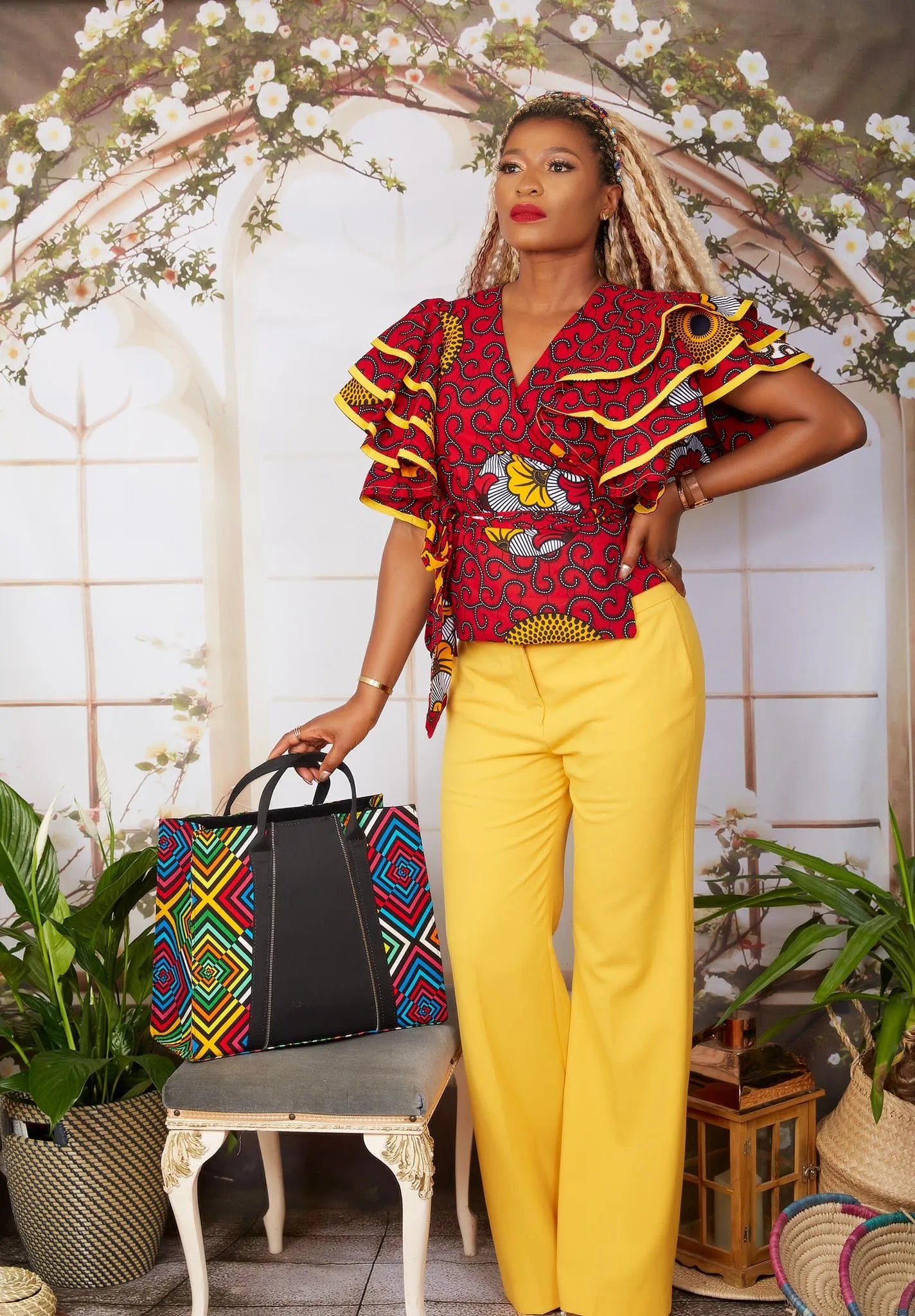 New in African Print Wrap Top with Exaggerated Sleeves-  Lolade