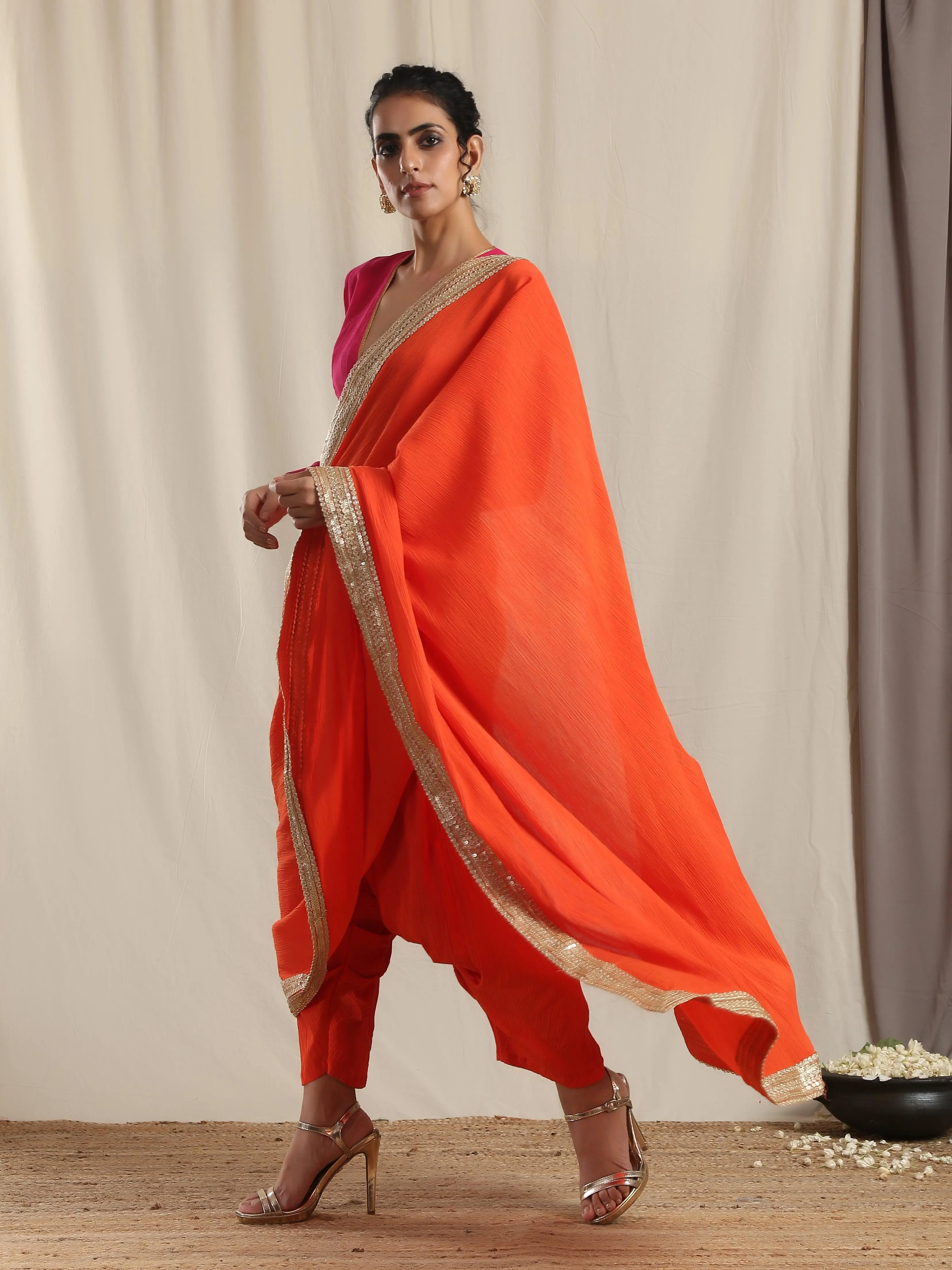 Orange Crinkle Ready to Wear Gota Saree