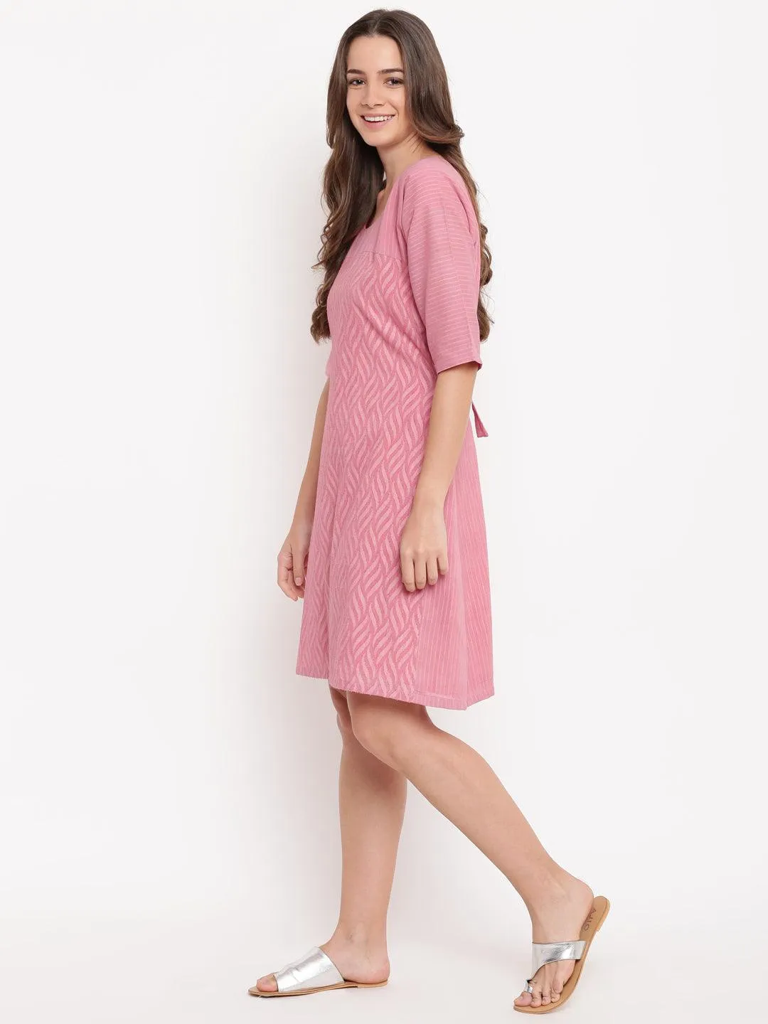 Pink Dobby Tie-up Dress