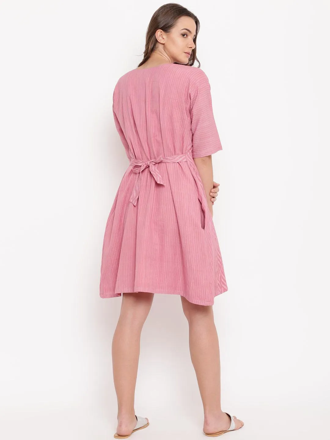 Pink Dobby Tie-up Dress