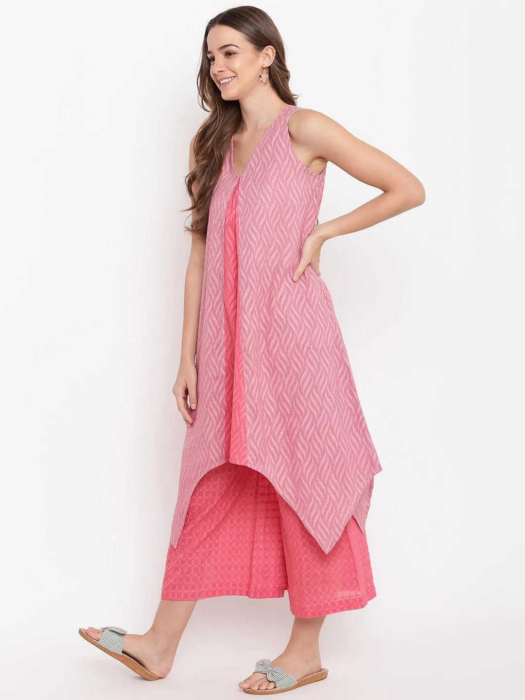 Pink Dobby V-Asymmetric Kurta- Contrast Palazzo