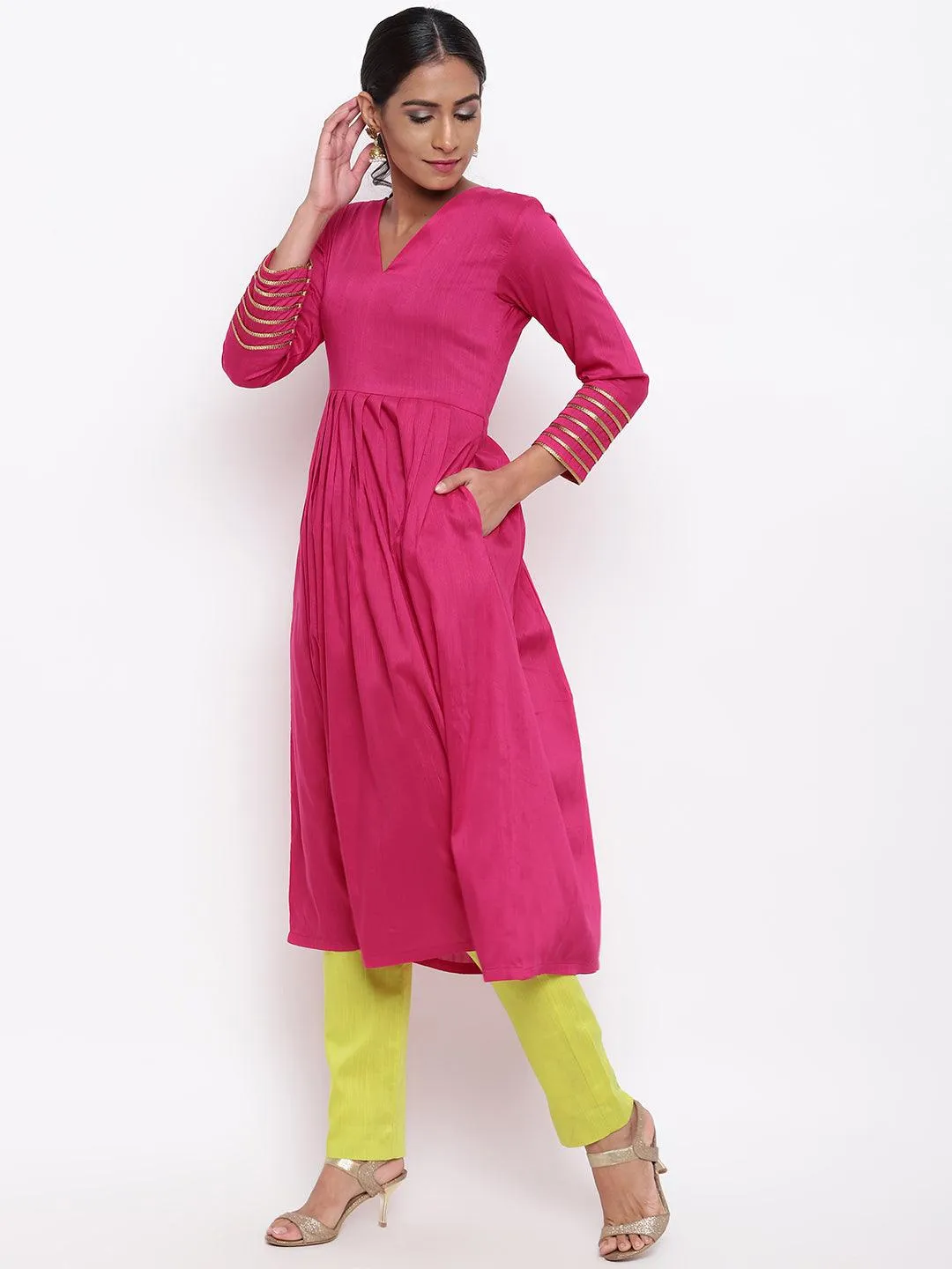 Pink Embellished Sleeve Kurta-Pant