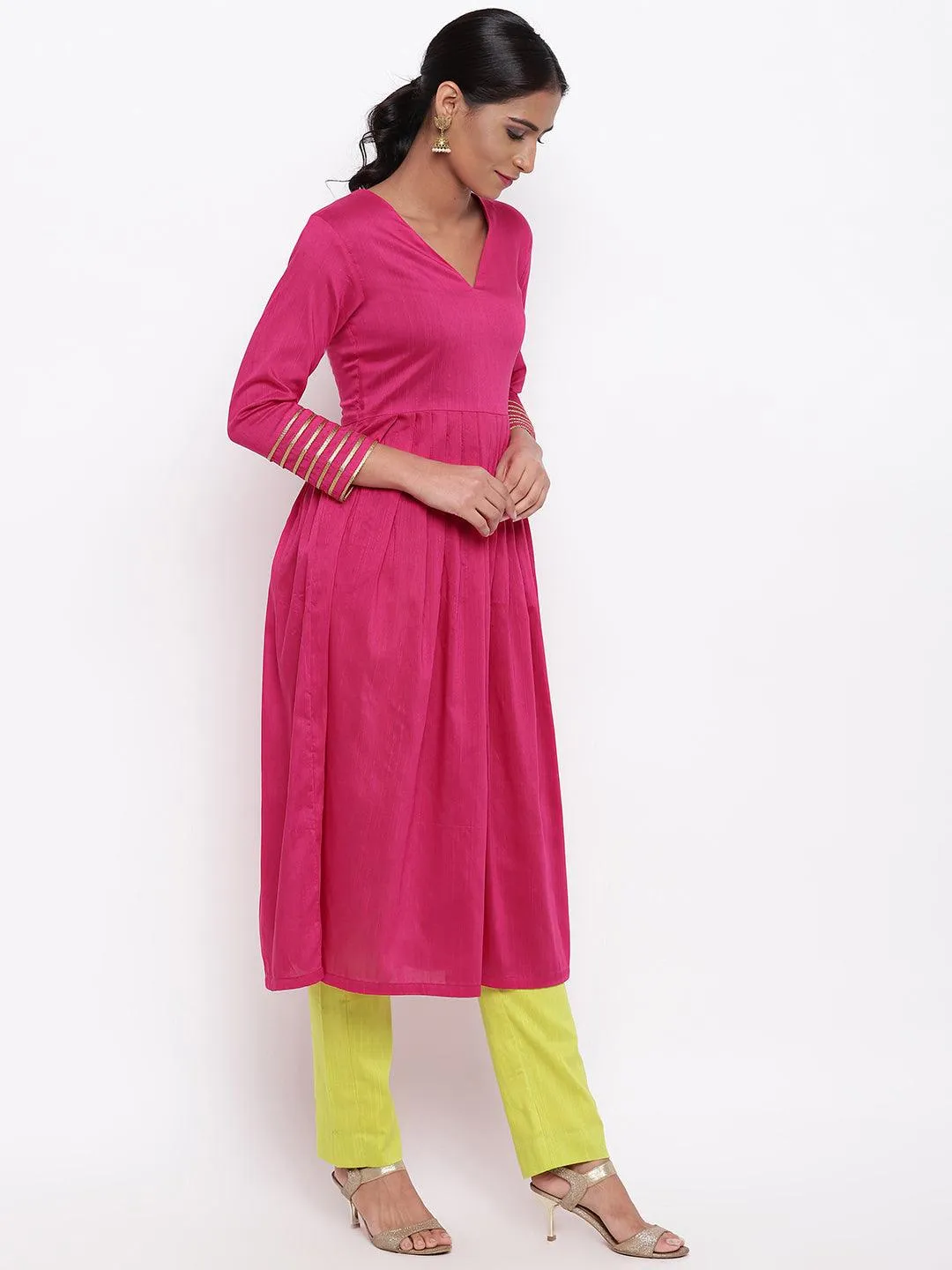 Pink Embellished Sleeve Kurta-Pant