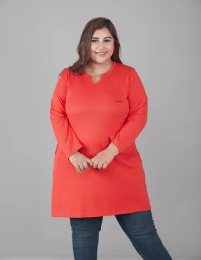 Plus Size Full Sleeves Long Top For Women - Red