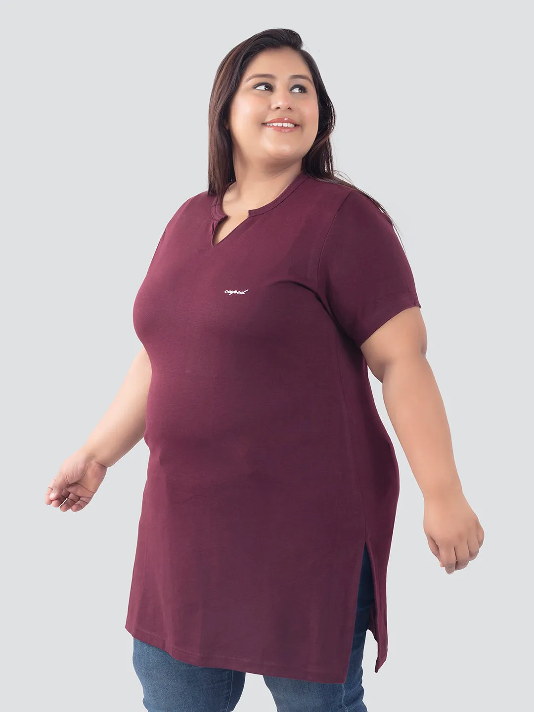 Plus Size Half Sleeves Long Top For Women - Wine