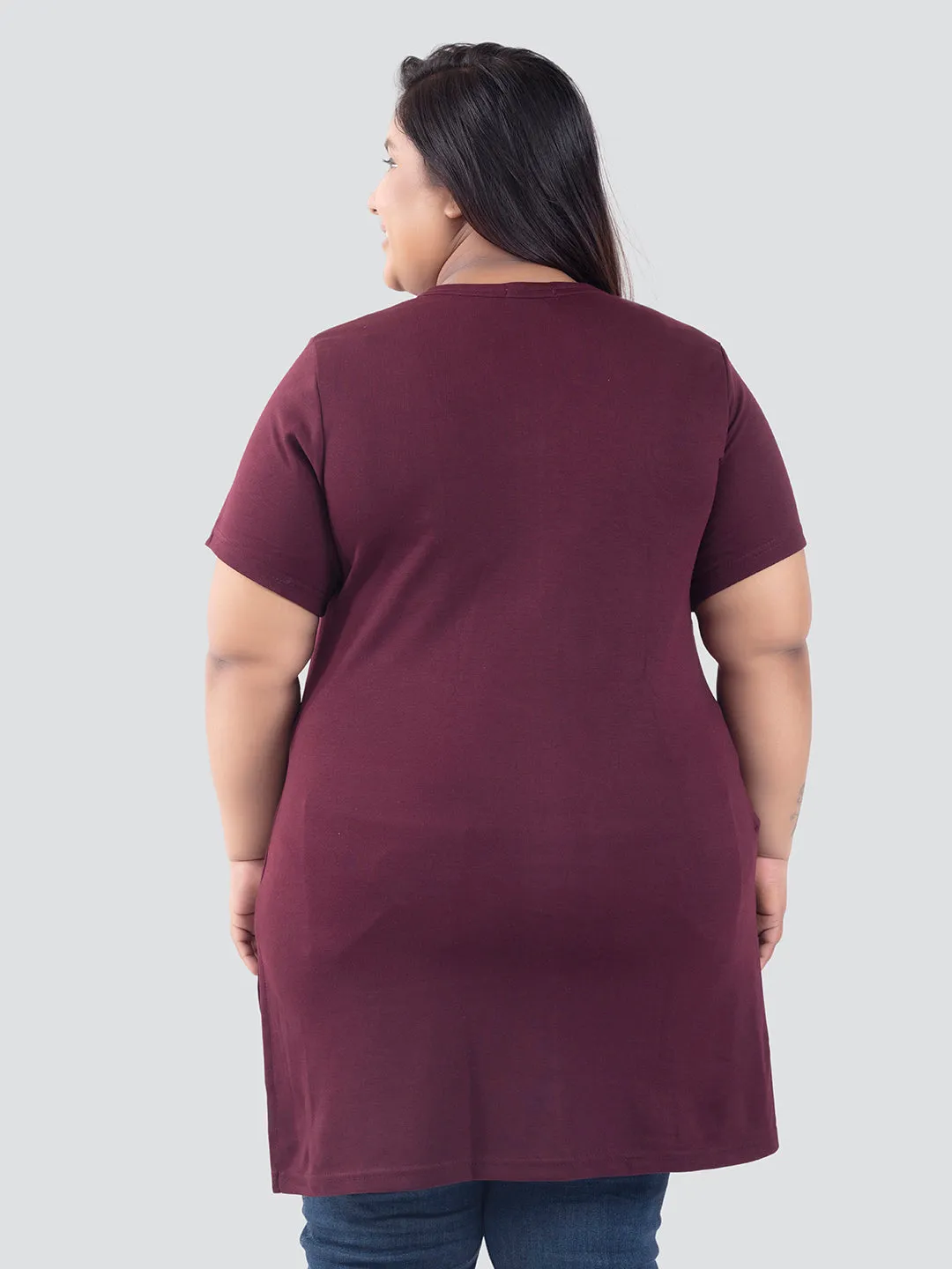 Plus Size Half Sleeves Long Top For Women - Wine