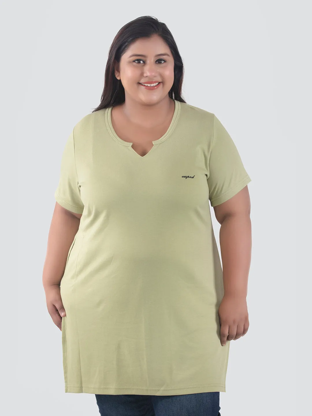 Plus Size Half Sleeves Long Top For Women -Cardamom Green