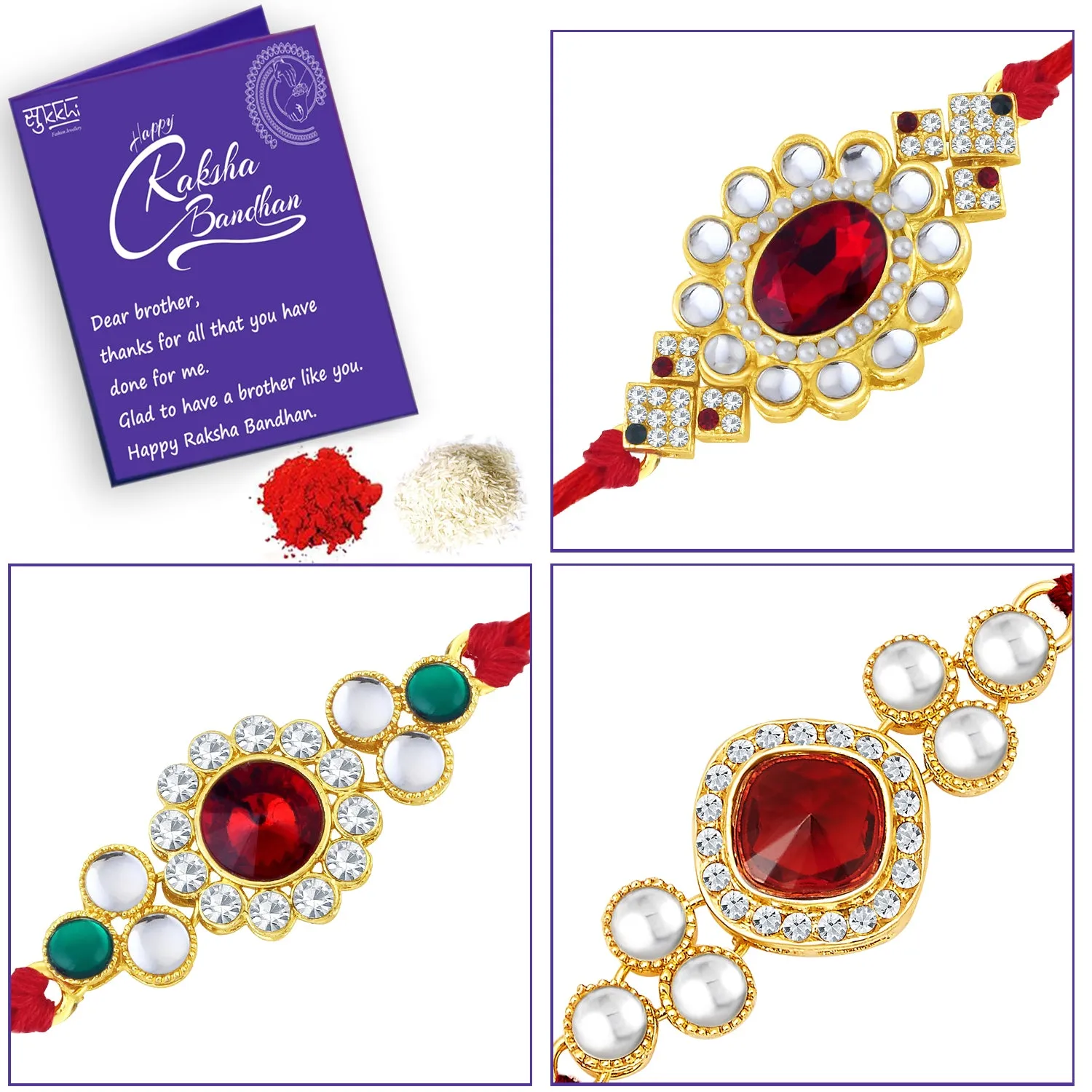 Sukkhi Amazing Gold Plated Kundan Rakhi Combo (Set of 3) with Roli Chawal and Raksha Bandhan Greeting Card For Men