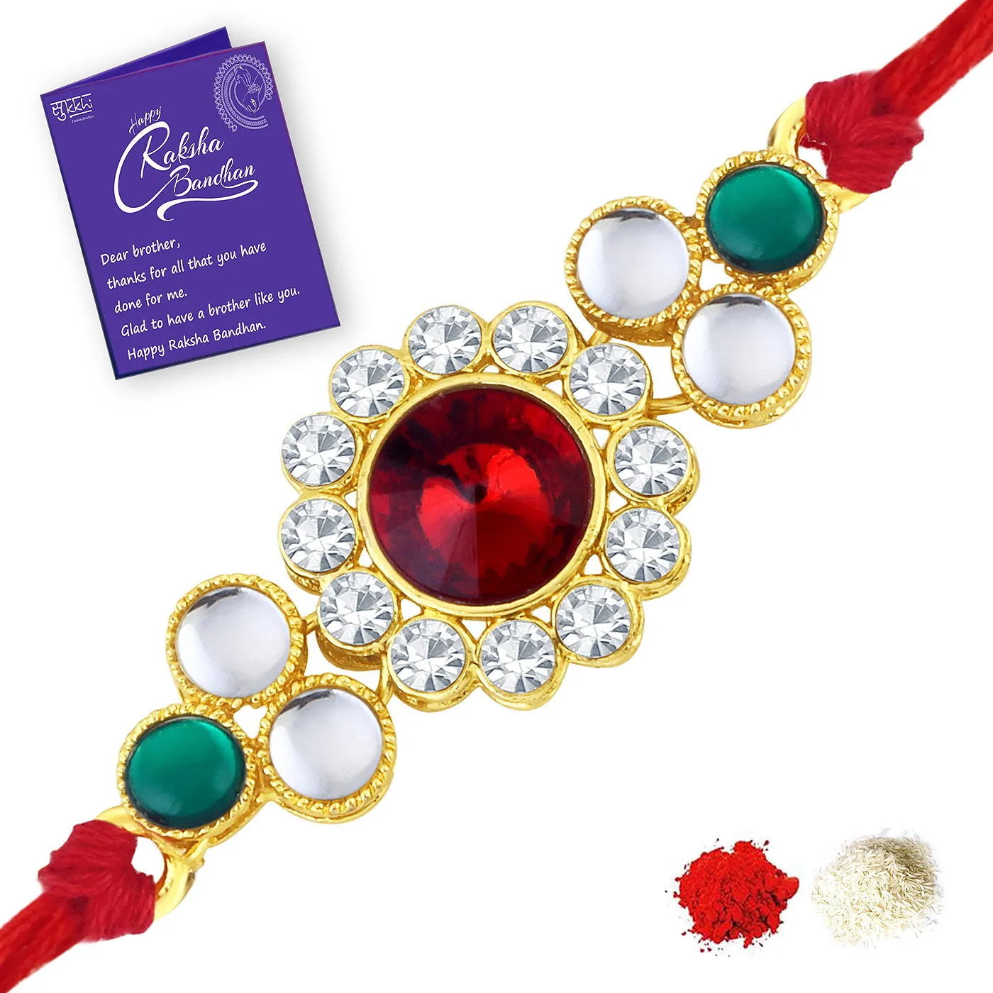 Sukkhi Amazing Gold Plated Kundan Rakhi Combo (Set of 3) with Roli Chawal and Raksha Bandhan Greeting Card For Men