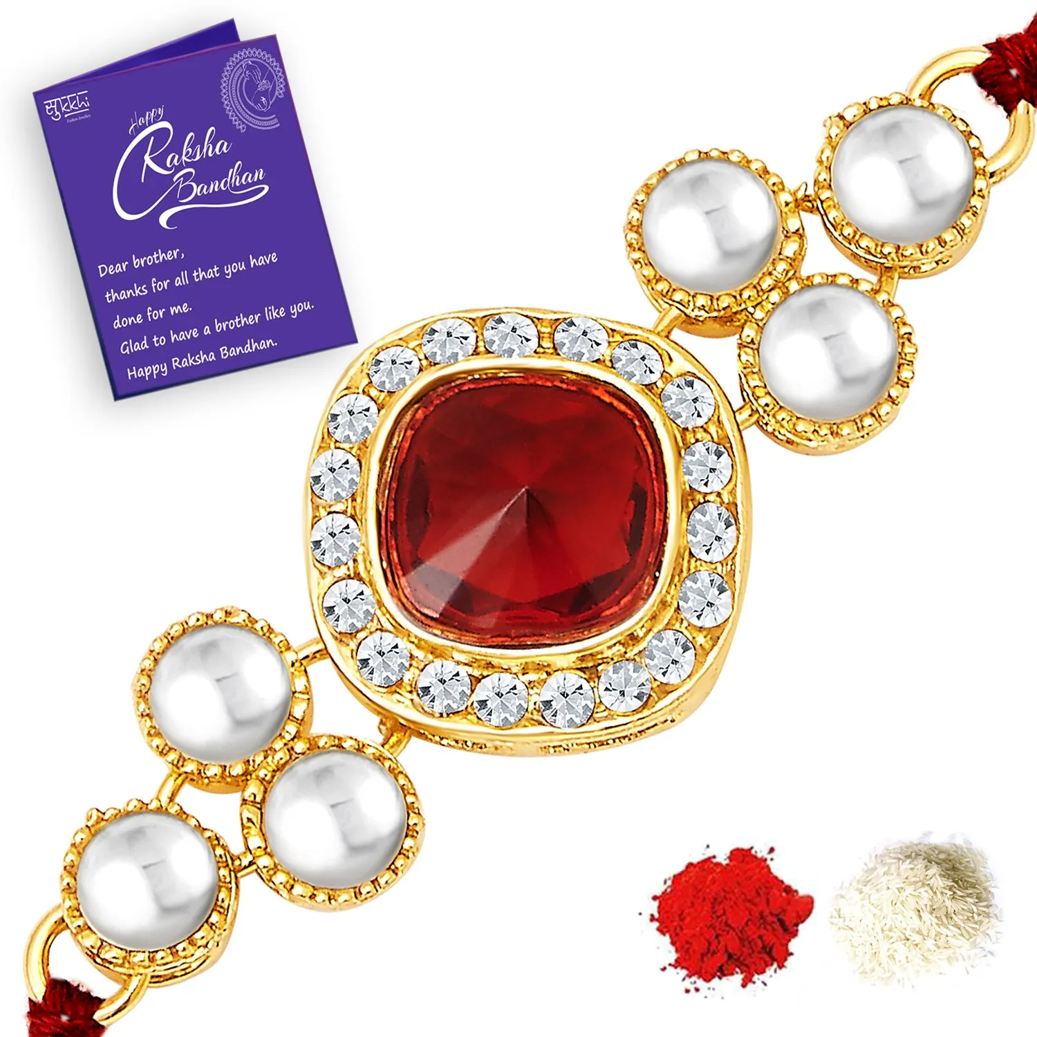 Sukkhi Amazing Gold Plated Kundan Rakhi Combo (Set of 3) with Roli Chawal and Raksha Bandhan Greeting Card For Men