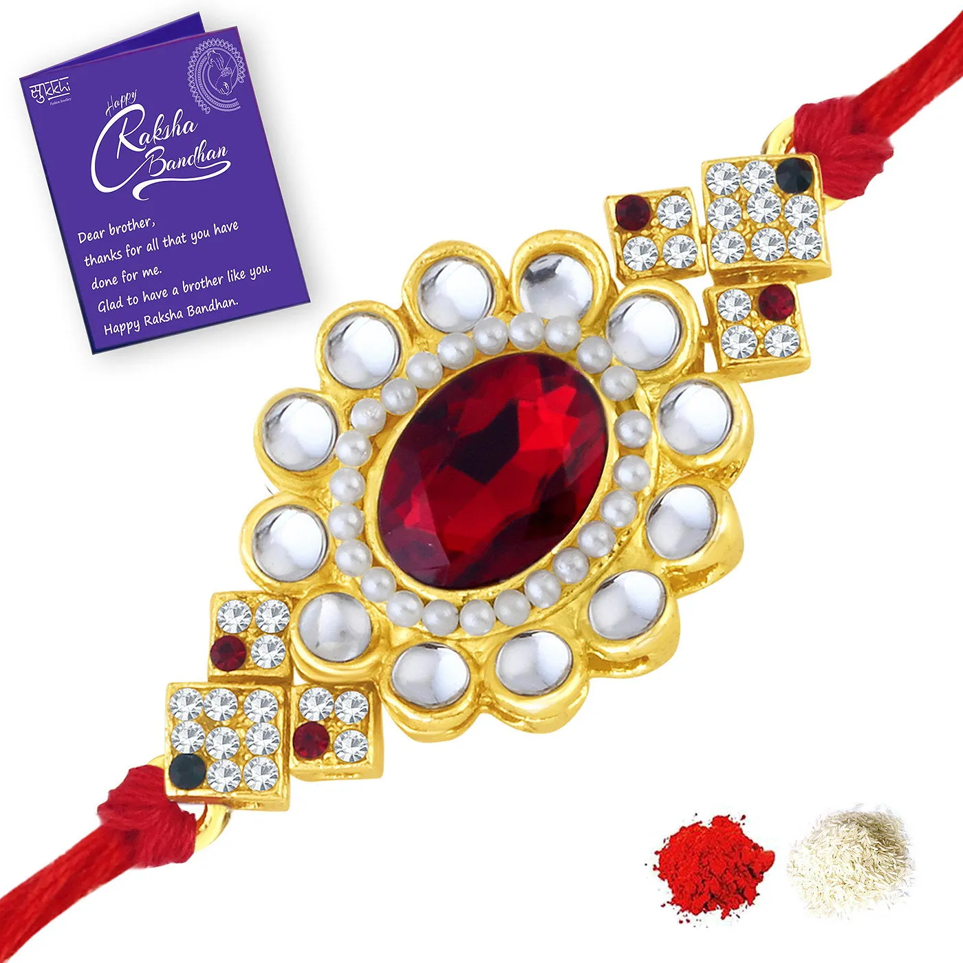 Sukkhi Amazing Gold Plated Kundan Rakhi Combo (Set of 3) with Roli Chawal and Raksha Bandhan Greeting Card For Men