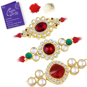 Sukkhi Amazing Gold Plated Kundan Rakhi Combo (Set of 3) with Roli Chawal and Raksha Bandhan Greeting Card For Men