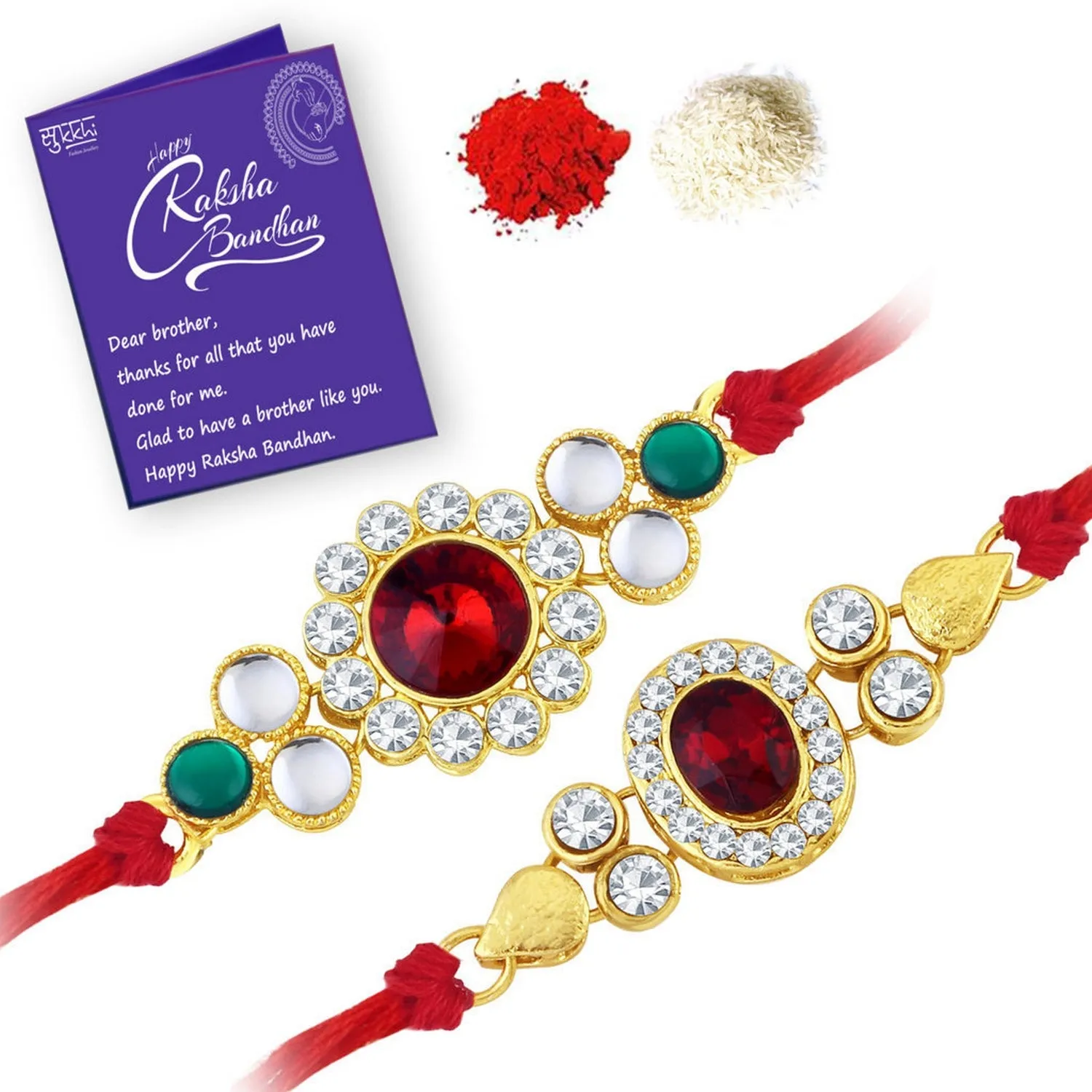 Sukkhi Beguiling Gold Plated Kundan Rakhi Combo (Set of 2) with Roli chawal and Greeting Card