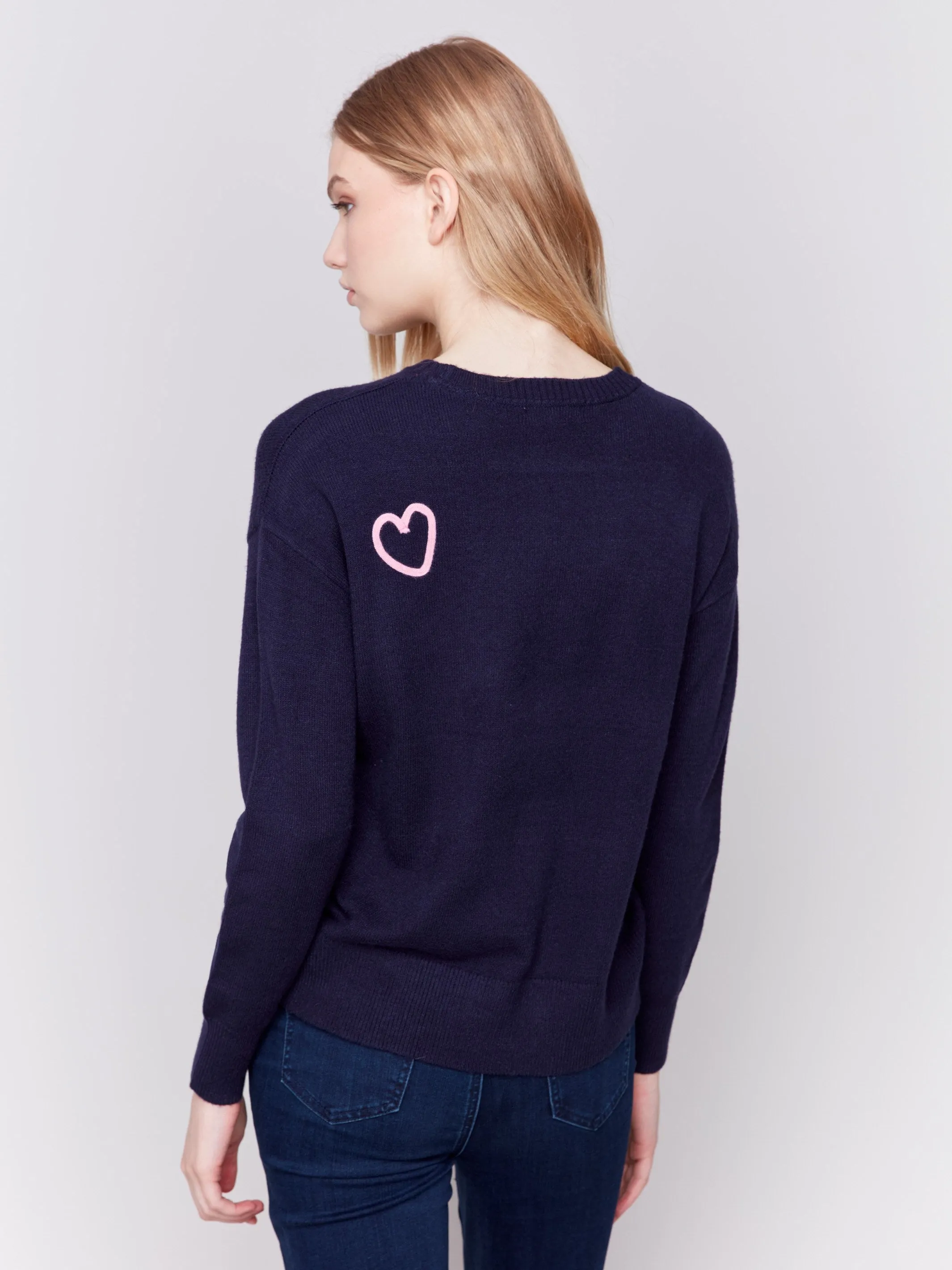 Sweater with Embroidered Hearts - Navy