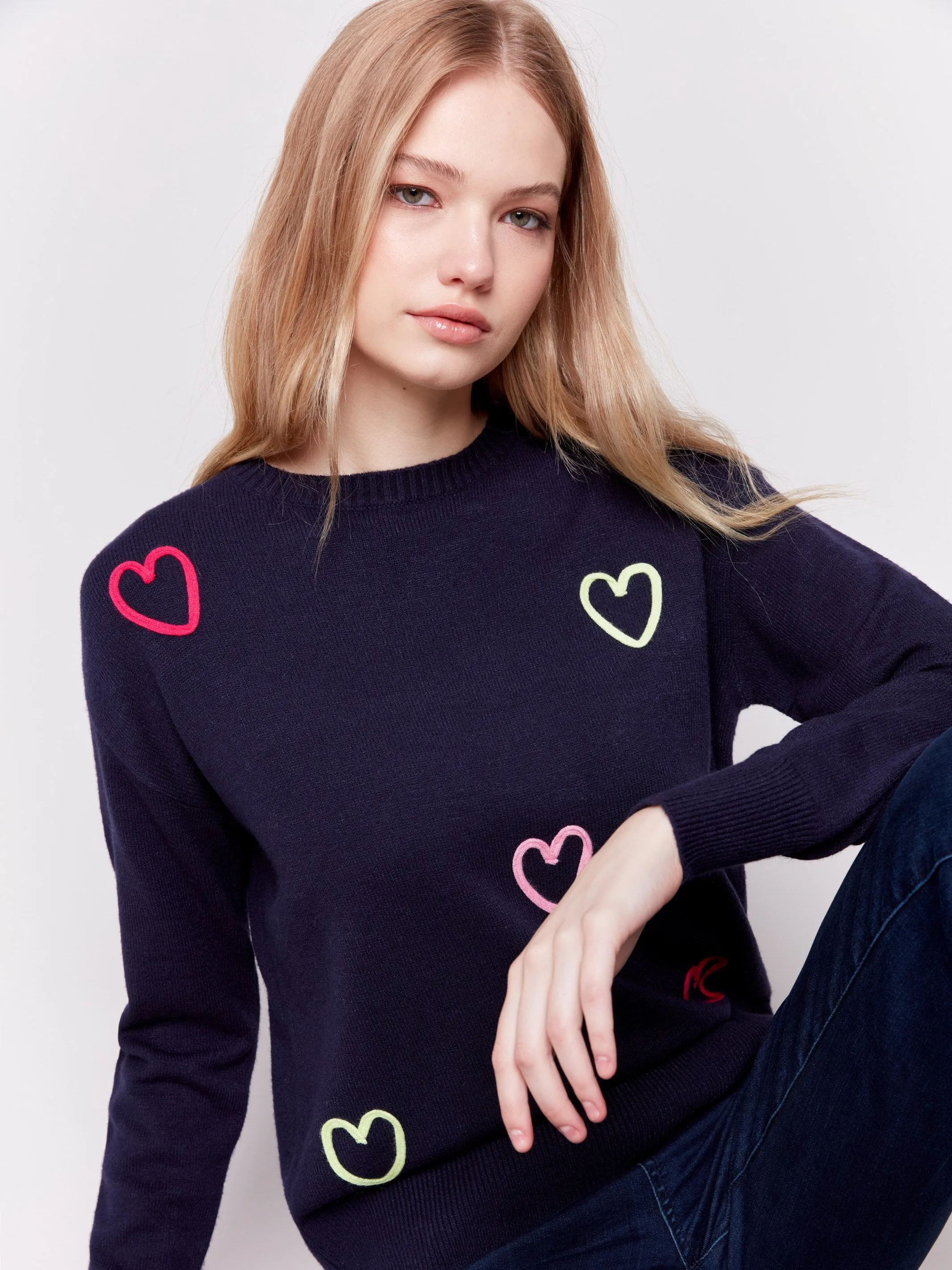 Sweater with Embroidered Hearts - Navy