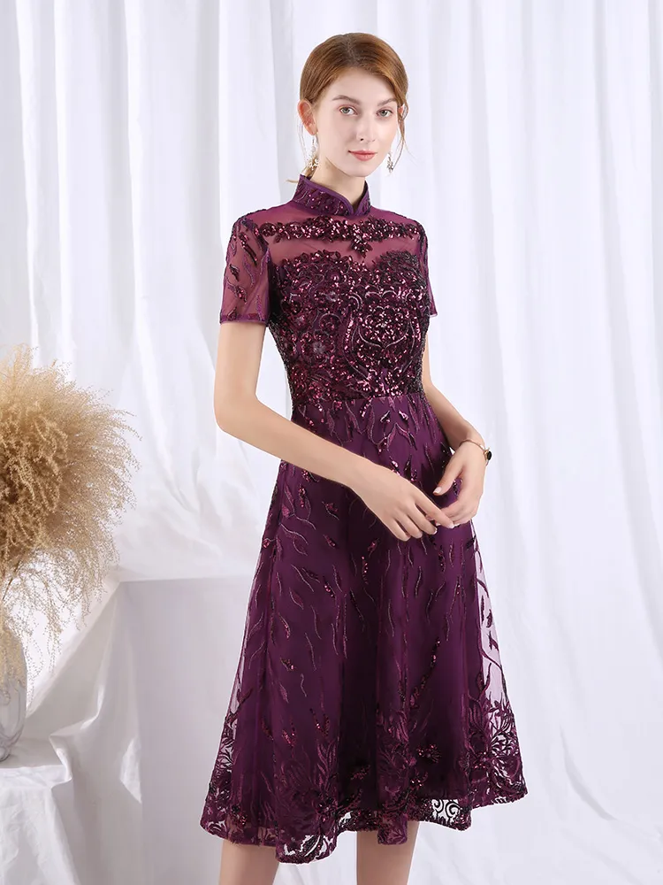 The Carena Mother-Of-Bride Purple Cheongsam High Collar Gown