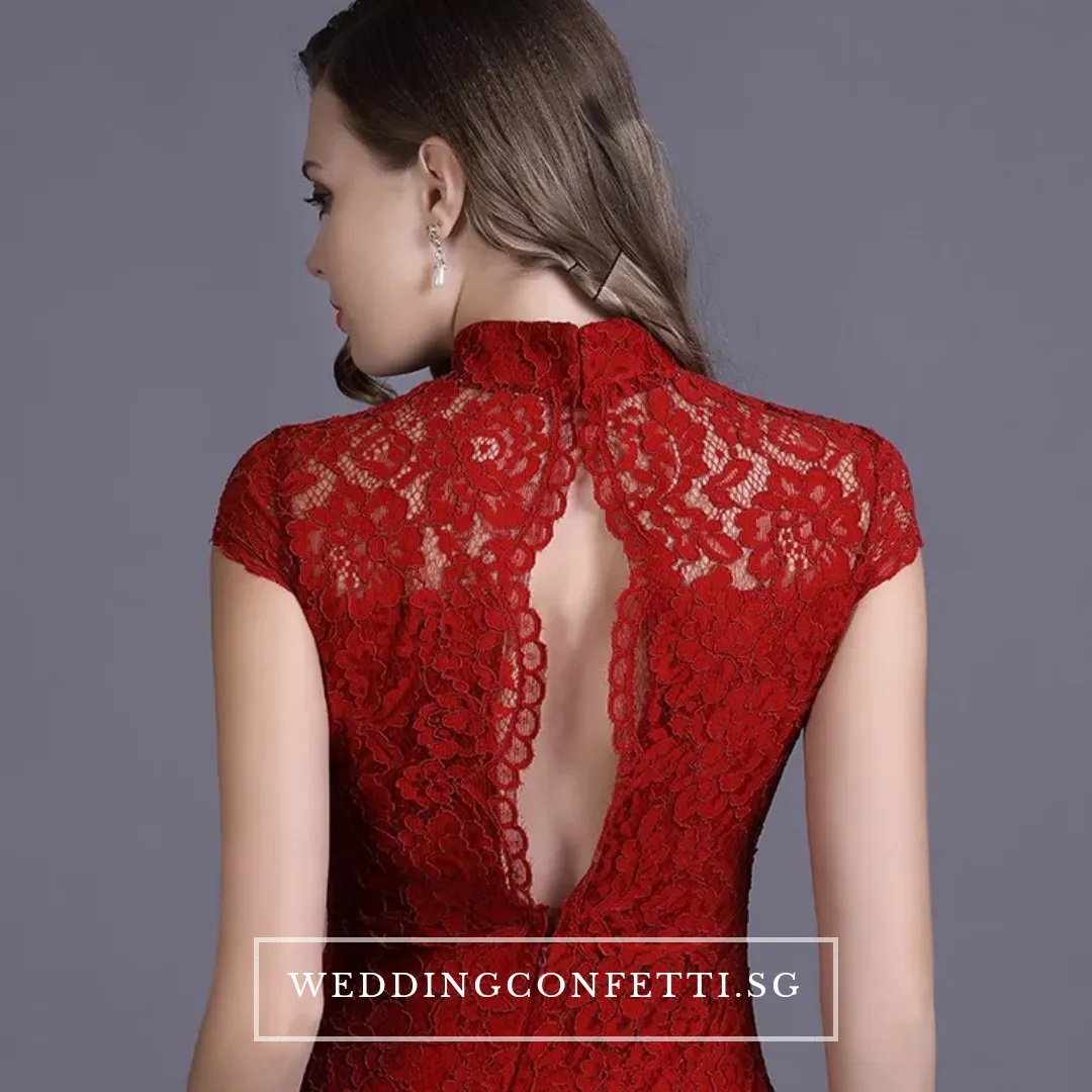 The Hensley Cheongsam Mandarin Collar Off White/Black/Red Lace Gown