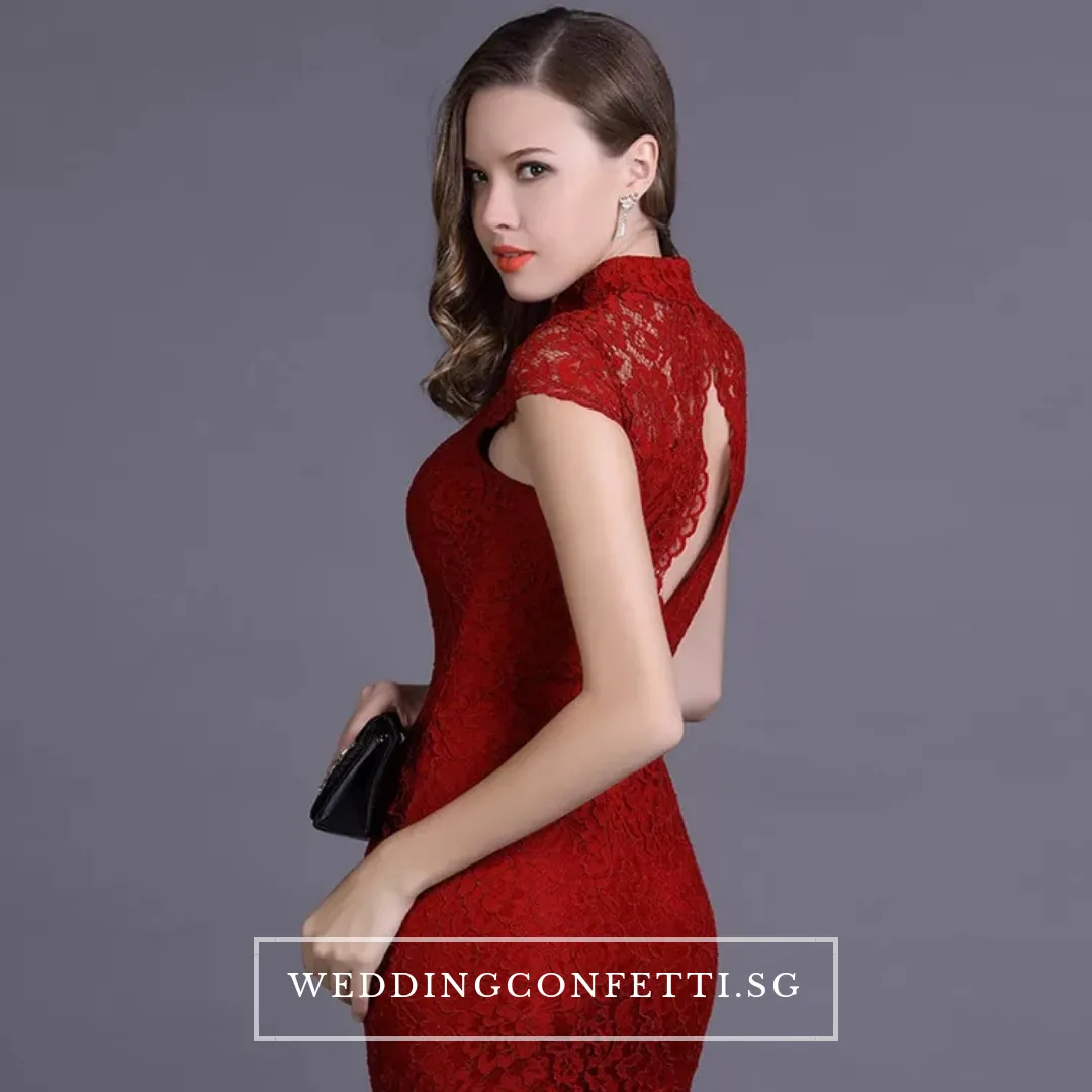 The Hensley Cheongsam Mandarin Collar Off White/Black/Red Lace Gown