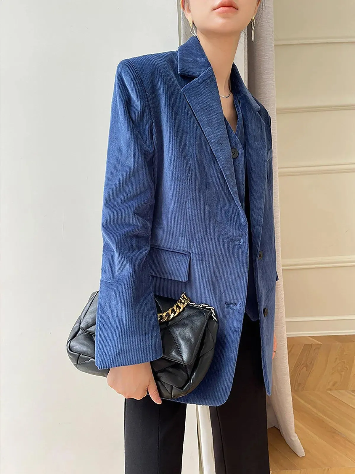 Women Corduroy Blazer Vest Set,Blue Blazer Vest,Oversize Suit,Blue Suit Women,Cotton Blazer Coat,Suit Vest,Corduroy Suit Vest,Autumn Suit