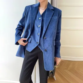 Women Corduroy Blazer Vest Set,Blue Blazer Vest,Oversize Suit,Blue Suit Women,Cotton Blazer Coat,Suit Vest,Corduroy Suit Vest,Autumn Suit