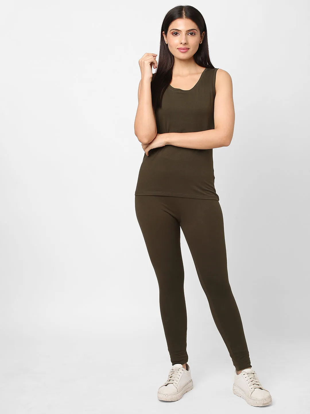 Women's Olive Cotton Elastane Slim Fit Knit Tights