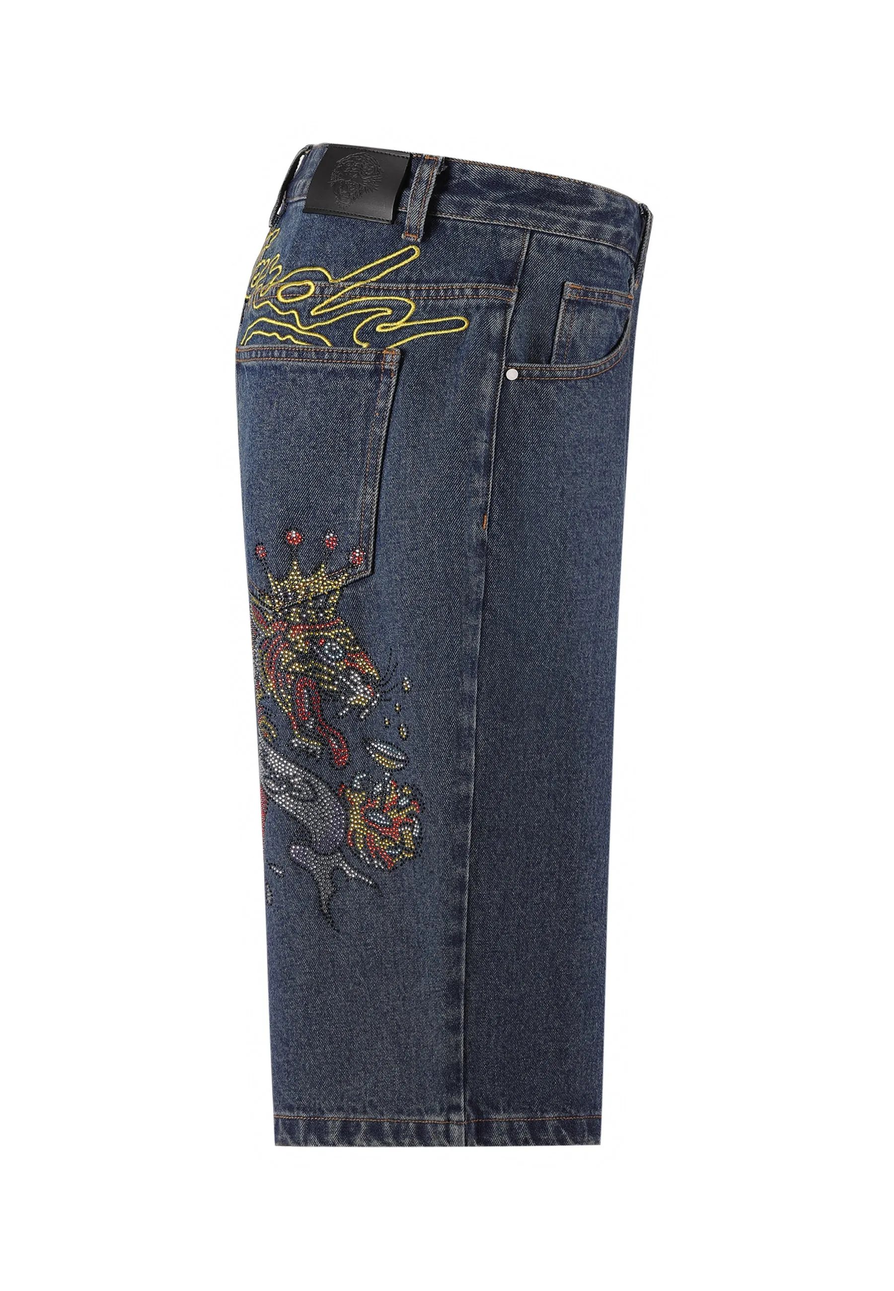 Womens Tiger King Diamante Denim Jorts Shorts  - Indigo